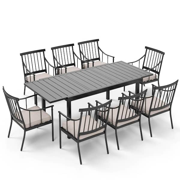 PHI VILLA 9-Piece Metal Outdoor Dining Set with Beige Cushions