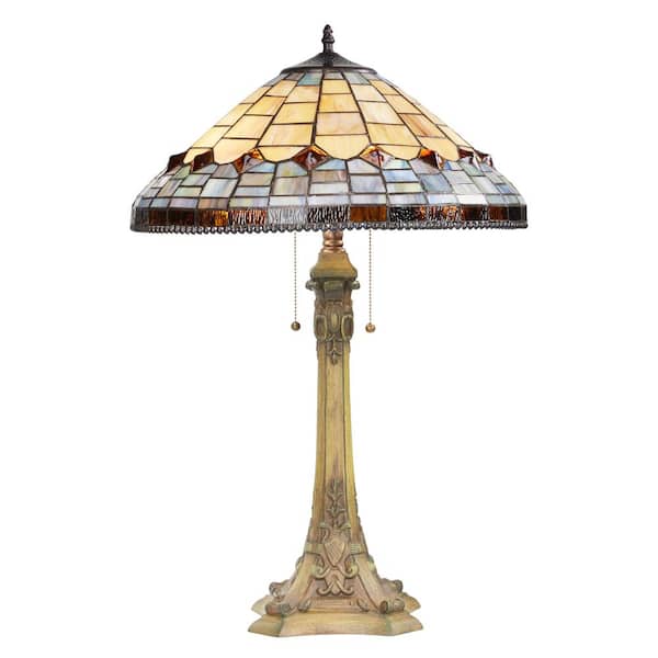 Ariana 26.75 in. Tan Tiffany Stained Glass Candlestick Table Lamp with Multicolor Shade