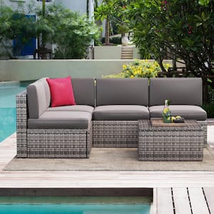 5-Piece Wicker Outdoor Patio Conversation Set in Gray with Patio Sectional Cushions Sofas and Coffee Table