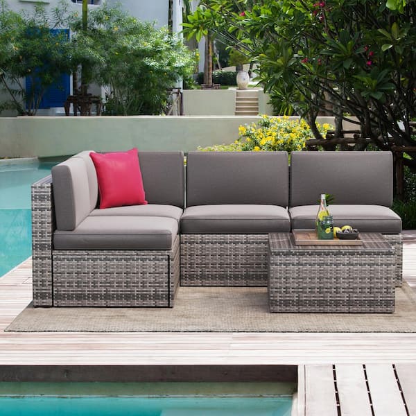 SUNMTHINK 5-Piece Wicker Outdoor Patio Conversation Set in Gray with Patio Sectional Cushions Sofas and Coffee Table
