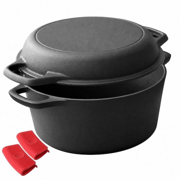 5 qt. Round Cast Iron Dutch Oven Pot with Skillet Lid, Dual Handles, Skillet Cookware Pan Set for Bread, Frying, Baking