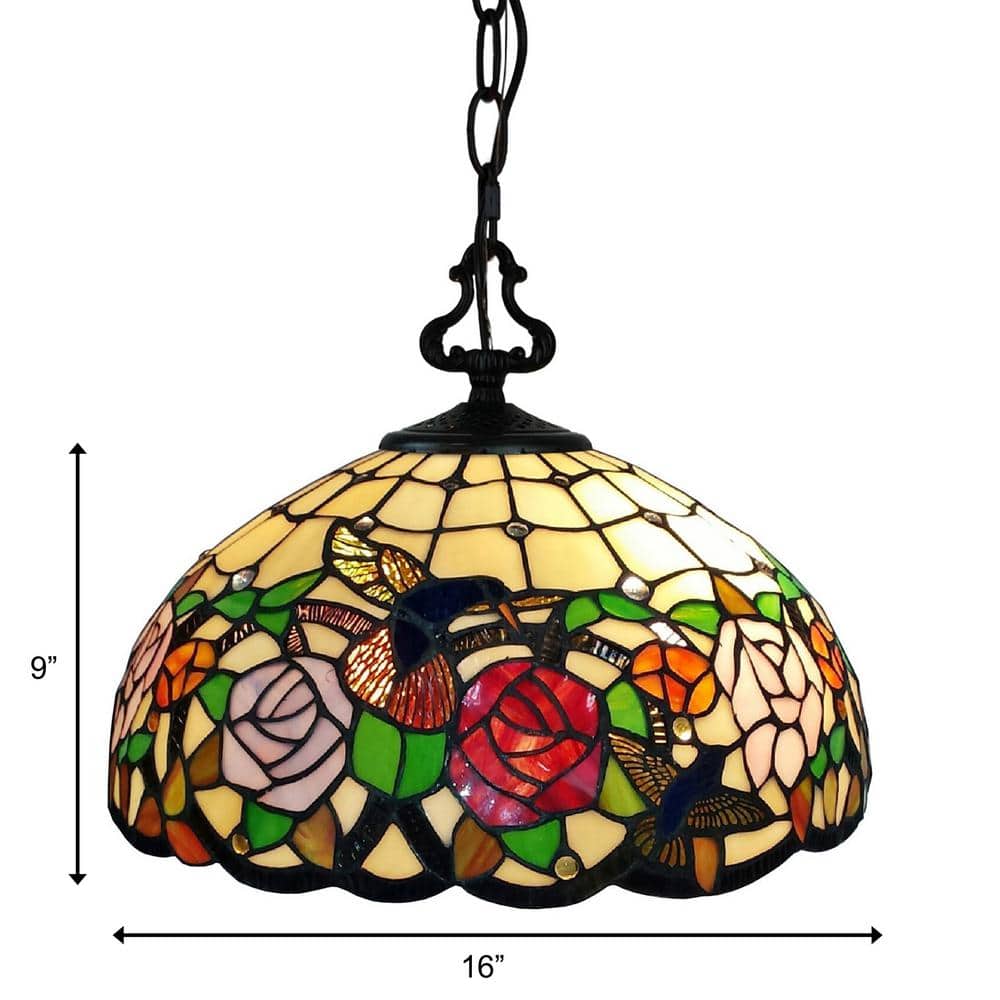 Tiffany Style Hummingbirds Floral Glass Pendant Lamp, 16"