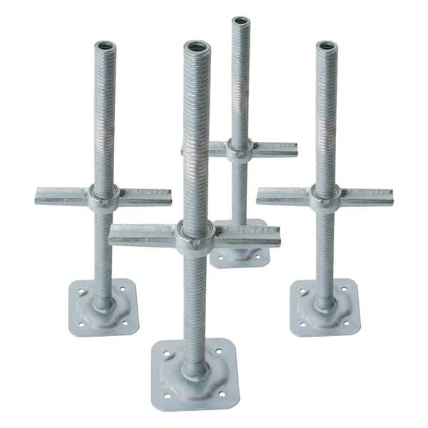 24-inch Galvanized Steel Adjustable Leveling Jacks with Heavy-Duty Base Plate and Wing Nut Screw for Scaffolds, 4-Pack