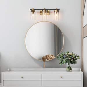 20 in. 3-Light Modern Antique Brass Bathroom Vanity Light, DIY Transitional Bath Light, Seeded Glass Black Wall Sconce