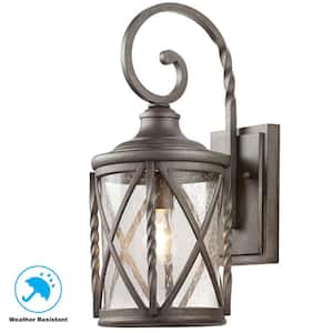 18.75 in. 1-Light Antique Pewter 18.75 in. Outdoor Wall Lantern Sconce with Seeded Glass
