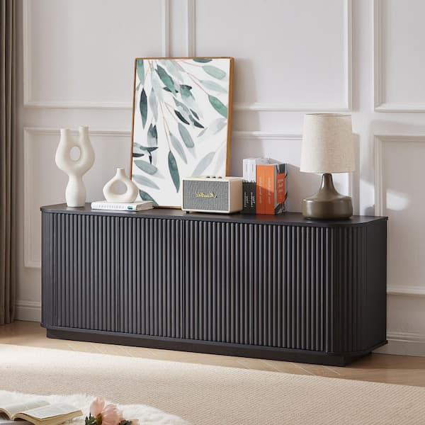 Black 24 in. H Storage Cabinet with Wave Pattern Buffet Cabinet Wooden Vertical Striped Cabinet