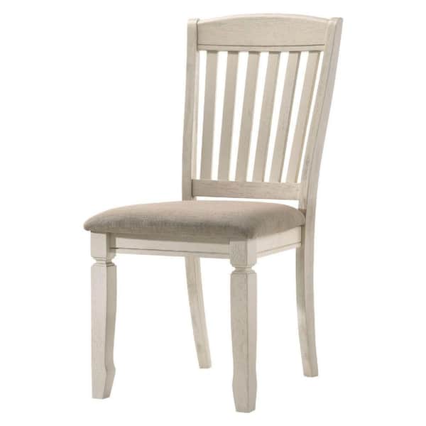 Benjara Antique White Fabric Padded Seat Slatted Dining Chair (Set of 2)