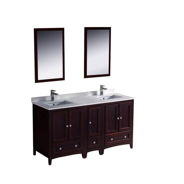 Fresca Oxford 60 in. Double Vanity in Mahogany with Ceramic Vanity Top in White with White Basins and Mirror with Side Cabinet