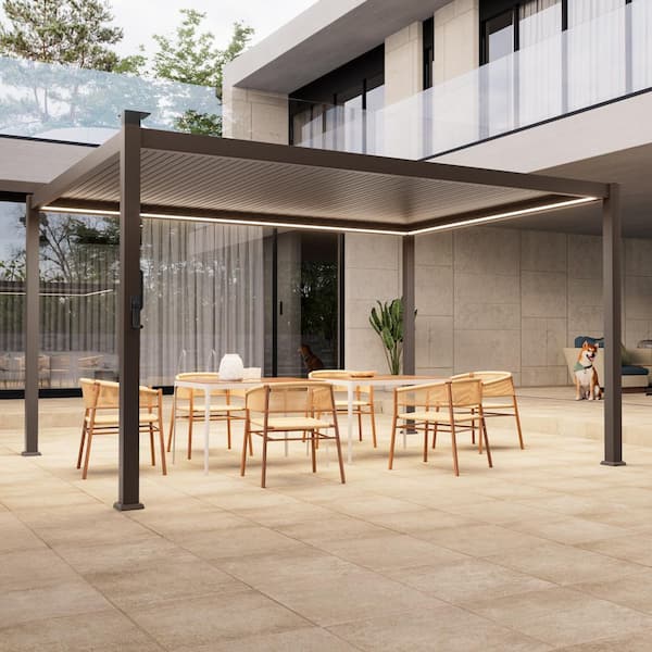 10 ft. x 13 ft. Modern Pergola with Adjustable Louvers LED Lights and Solar Charging for Pool Deck and Garden Brown