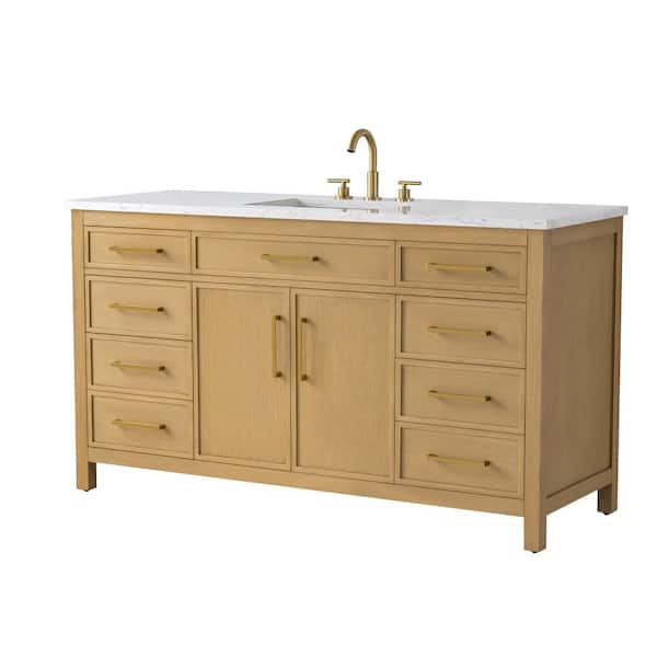 Logan 60 in. W Bath Vanity in Sand with Engineered Stone Top in Carrara White with White Sink