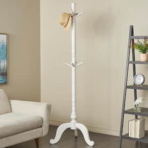 78 in. White Wood 8 Hanger Coat Rack with Scrolled Feet and Leaf Carvings