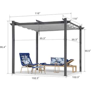 10 ft. x 10 ft. White Aluminum Outdoor Retractable Gray Frame Pergola with Sun Shade Canopy Cover