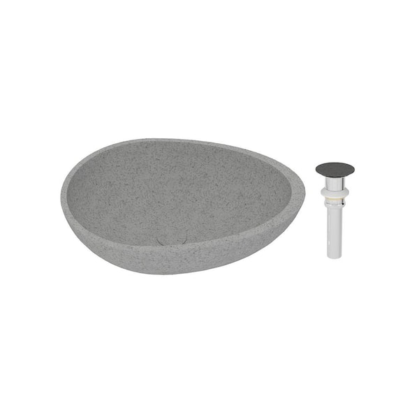 21 in. Concrete Egg-Shaped Vessel Bathroom Sink in Mottled Bluish Gray with Matching Drain