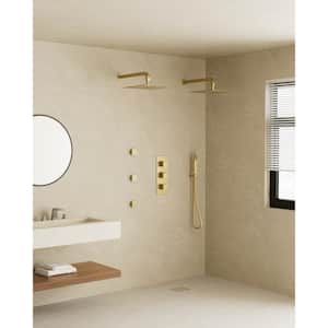 Thermostatic Valve 8-Spray 12 in. and 12 in. Wall Mount Dual Shower Head and Handheld Shower in Brushed Gold