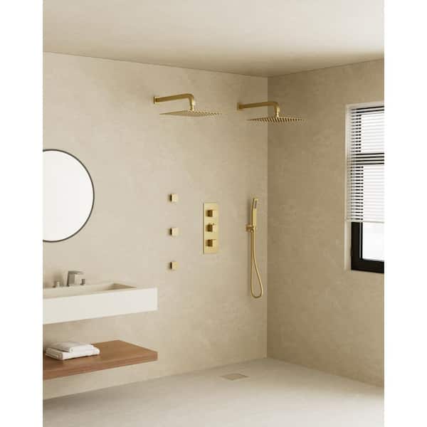 YAWWALK Thermostatic Valve 8-Spray 12 in. and 12 in. Wall Mount Dual Shower Head and Handheld Shower in Brushed Gold