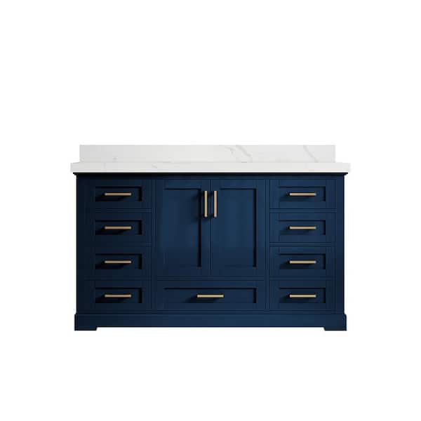 Willow Collections Boston 60 in. W x 22 in. D x 36 in. H Single Sink Bath Vanity in Navy Blue with 2 in. Calacatta Quartz Top