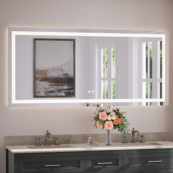 60 in. W x 28 in. H Rectangular Frameless LED Anti-Fog Mirror Wall Mount Bathroom Vanity Mirror with Frontlit & Backlit