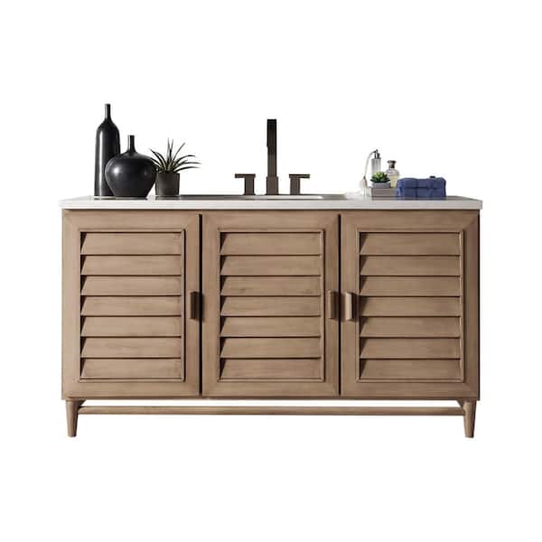 James Martin Vanities Portland 60 in. W x 23.5 in. D x 34.3 in. H Single Vanity in Whitewashed Walnut with Eternal Jasmine Pearl Quartz Top