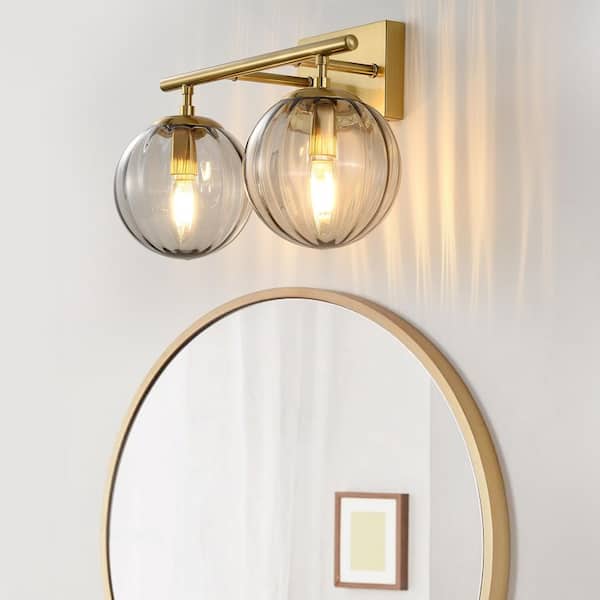 15 in. 2 Light Gold Modern Globe Vanity Light with Clear Crystal Glass Shade