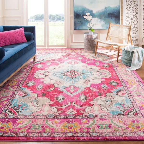 Monaco Pink/Multi 7 ft. x 7 ft. Distressed Border Medallion Square Area Rug