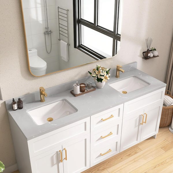 66 in. W x 22 in. D Cultured Marble White Rectangular Undermount Double Sink Vanity Top in Gray with 4 in. H Backsplash