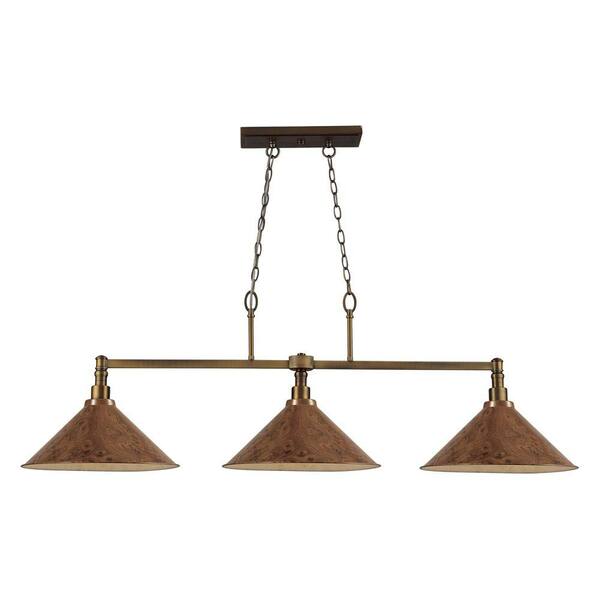 Titan Lighting Baxter 3-Light Ceiling Mount Burl Wood and Brushed Antique Brass Billiard Light