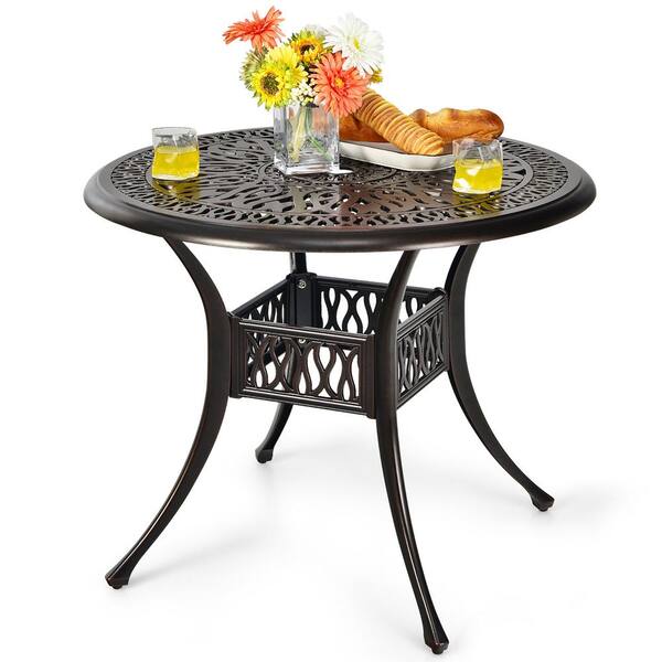 Costway Round Metal 28.5 in. Outdoor Dining Bistro Table Cast with 2 in. Umbrella Hole