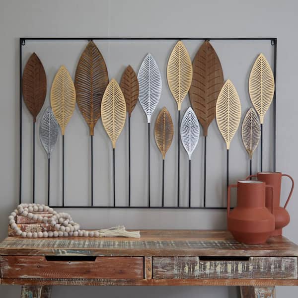 Litton Lane Large Gray, Gold, and Silver Metal and Wood Leave Sculpture Wall Decor, 47" x 31.5"