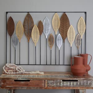 Large Gray, Gold, and Silver Metal and Wood Leave Sculpture Wall Decor, 47" x 31.5"