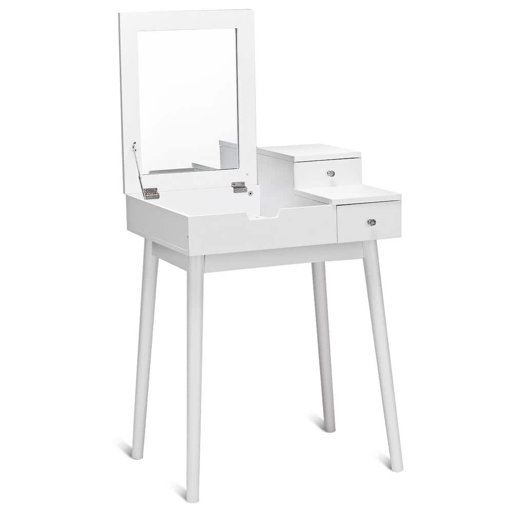 Elegant White Flip-Top Vanity Dressing Table with Concave Stool