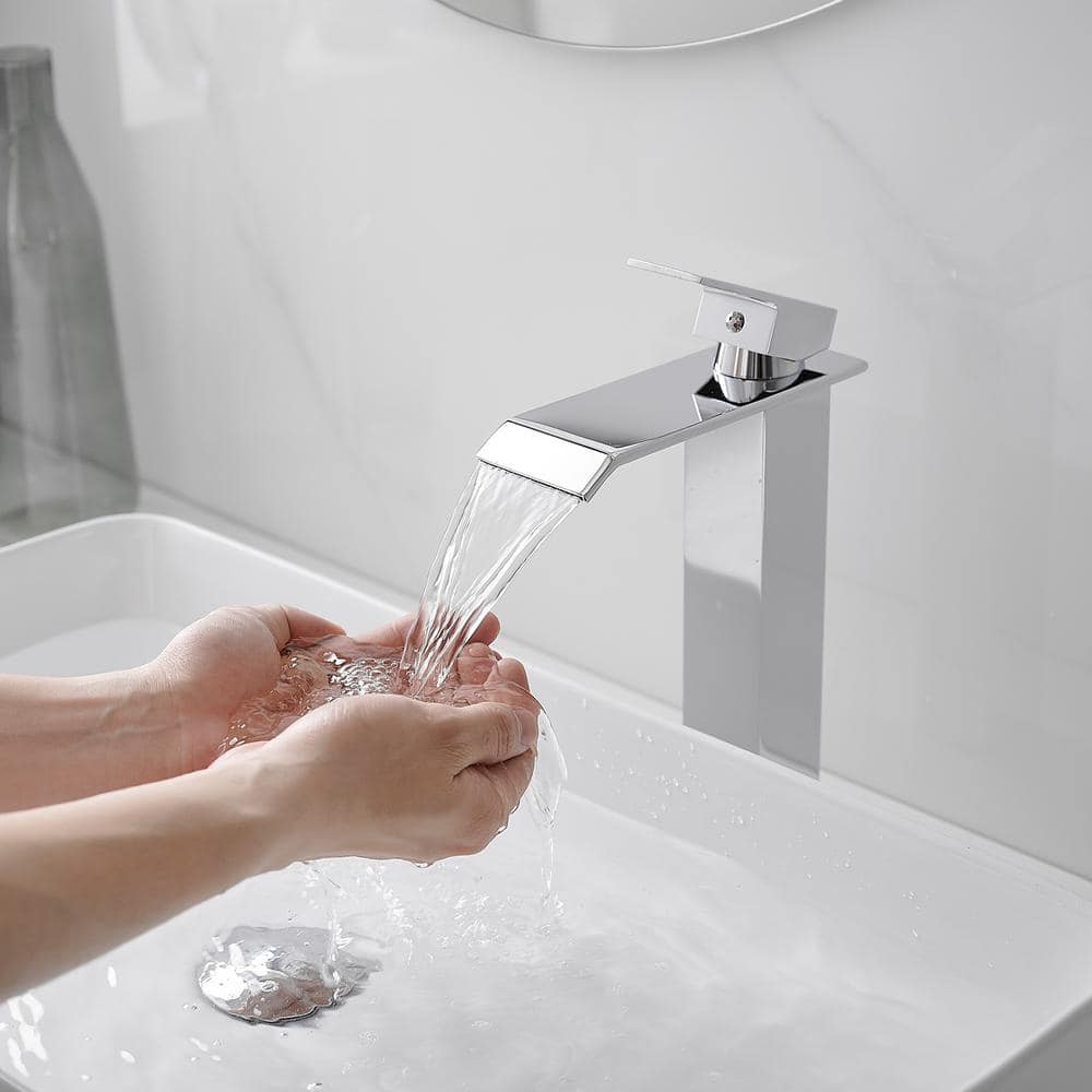 Polished Chrome Waterfall Vessel Sink Faucet with Pop-Up Drain