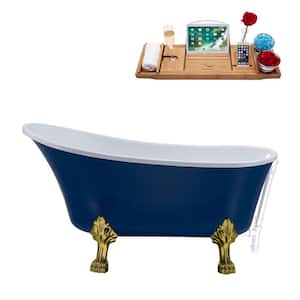 55 in. Acrylic Clawfoot Non-Whirlpool Bathtub in Matte Blue With Glossy White Drain And Brushed Gold Clawfeet