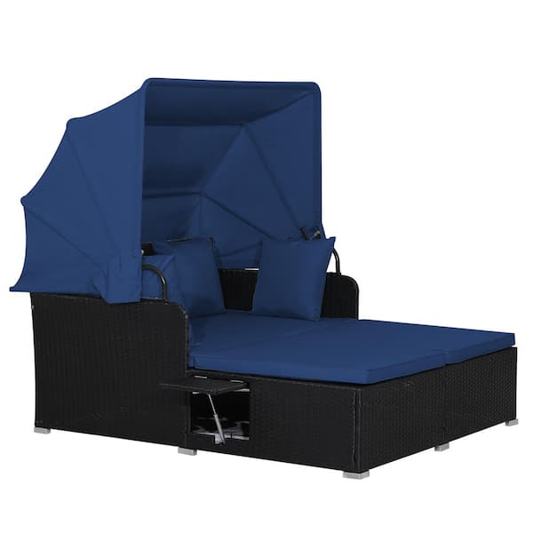 Wicker Outdoor Day Bed with Retractable Canopy PE Rattan Sunbed and 2 Folding Side Trays Navy Soft Cushions