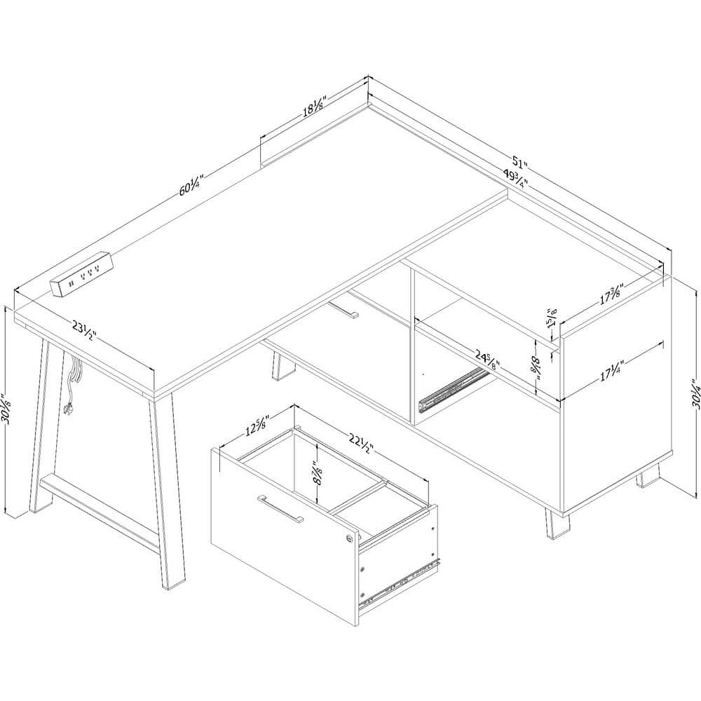 Soft Elm and Matte Black L-Shaped Computer Desk with Power Outlet