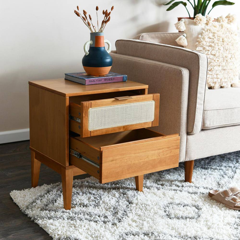 Crawford Light Brown Pine Wood Nightstand with Cane Detail