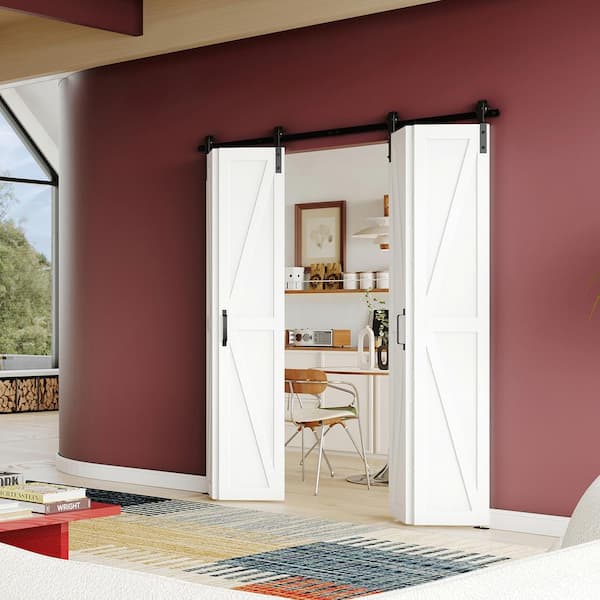 72 in. x 84 in . (36 in. x 2) K-Shaped Bi-Fold MDF White Pre-drilled Sliding Barn Door with Hardware Kit Set
