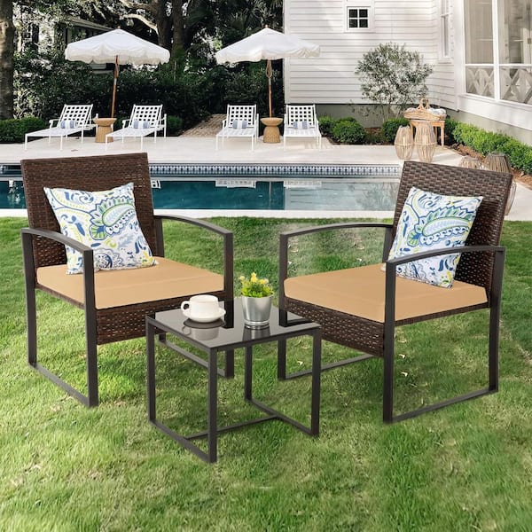 Unbranded 3-Piece Patio Furniture Set, Brown Wicker Square Table Outdoor Bistro Set with Brown Cushions and Coffee Table