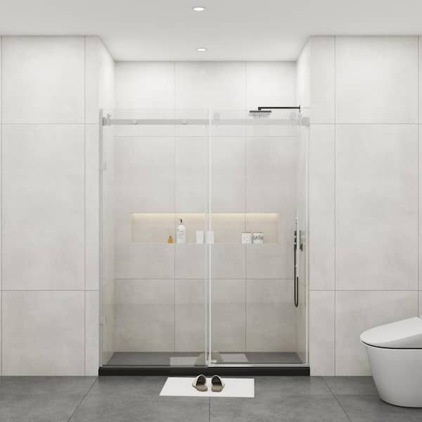 MEDUNJESS BradF 72 in. W x 76 in. H Sliding Frameless Shower Door in Brushed Nickel with 3/8 in. (10mm) Tempered Clear Glass