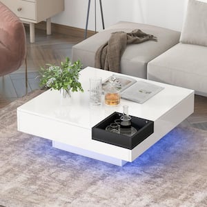 White 31.5 in. High Gloss Surface Square MDF Coffee Table with Detachable Tray and Plug-in 16-color LED Strip Lights