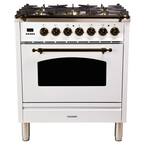30 in. 3.0 cu. ft. Single Oven Dual Fuel Italian Range with True Convection, 5 Burners, Bronze Trim in White