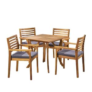Casa 32 in. Teak Brown 5-Piece Wood Square Outdoor Dining Set with Dark Grey Cushions