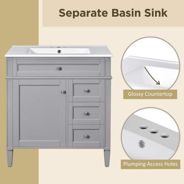 30 in. W Single Sink Bath Vanity in Gray with White Ceramic Top, Tip-out Drawer, Adjustable Shelf