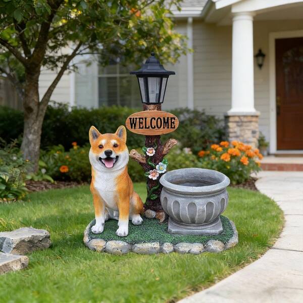 GOGEXX Brown 16.54 in. x 19.69 in. Resin Sitting Akita Dog Planter