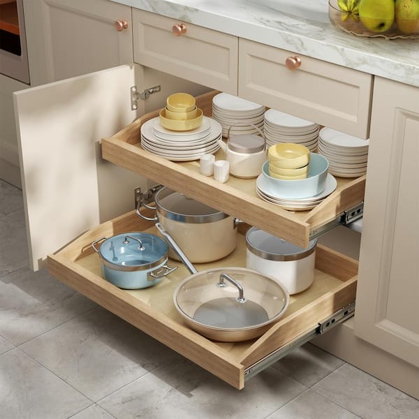  Pull Out Cabinet Organizer,Soft Close Cabinet Pull Out  Shelves,Wood Pull Out Drawers For Kitchen Cabinets,Cabinet Drawers Slide Out  for Kitchen Sink Pantry,With Aluminum Alloy Handle(14 W x 21 D)