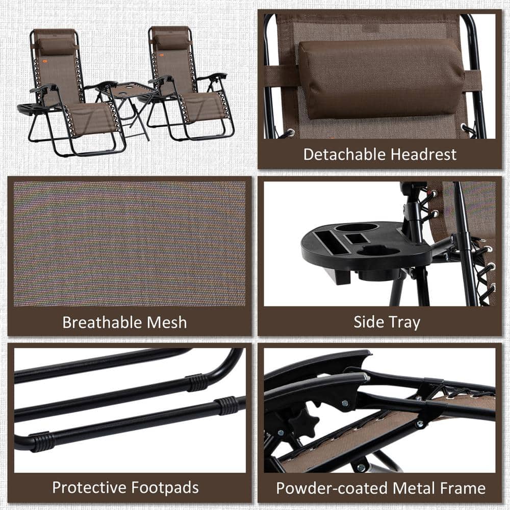 Brown Steel Mesh Folding Zero Gravity Lounger Chair Set with Table