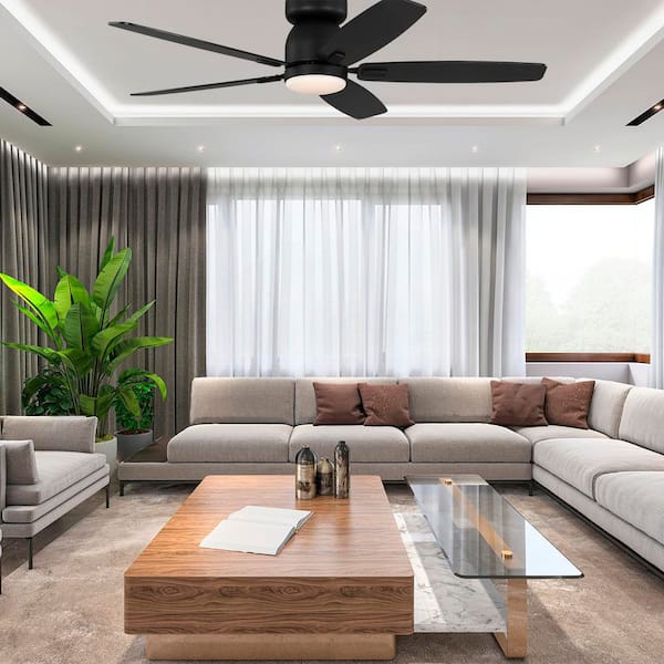 Grenada 52 in. Matte Black Flush Mount Standard Ceiling Fan with White Adjustable LED Light, DC Motor, and Remote