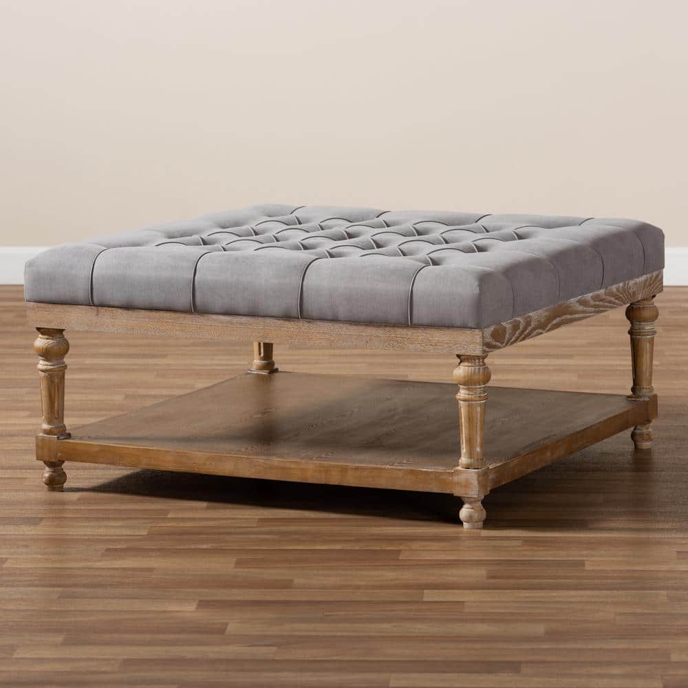 Gray Linen Tufted Cocktail Ottoman with Storage Shelf