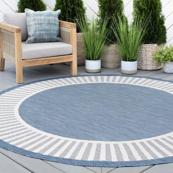 Eco Striped Border Blue 6 ft. Round Indoor/Outdoor Area Rug