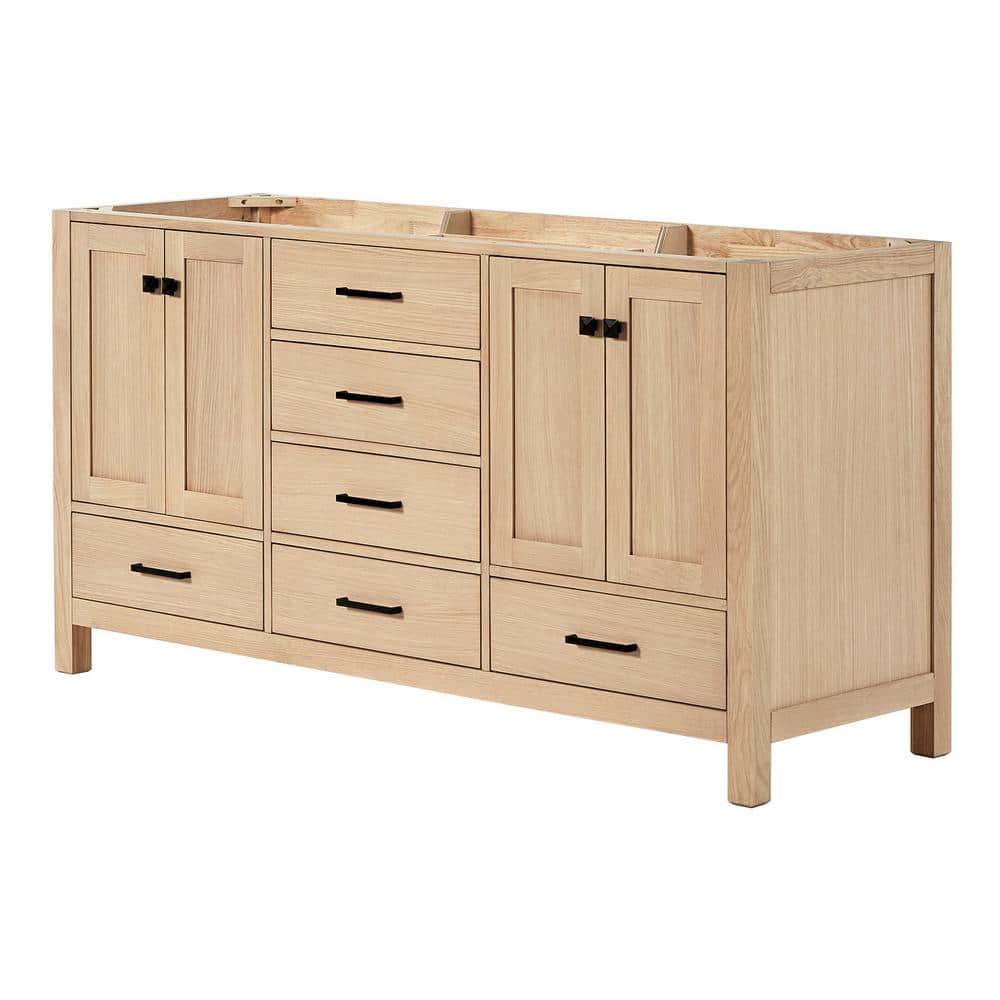 66'' Medium Oak Double Freestanding Bathroom Vanity with Black Hardware