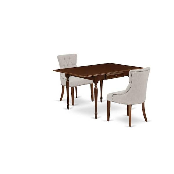 East West Furniture 3-Piece Mahogany Finish Solid Wood Top with Dropleaf Dining Table Set
